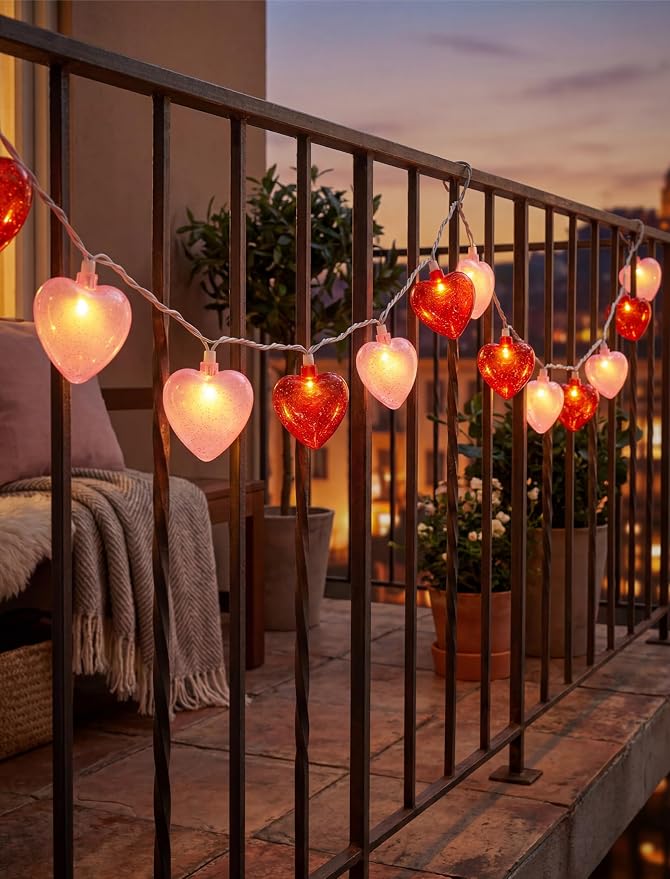 8.5 Ft Heart String Lights, Valentines Day Decorations Lights with 10 LED Glitter Red Pink Heart Lights, Plug in Fairy String Lights for Wedding Anniversary Party Valentine's Day