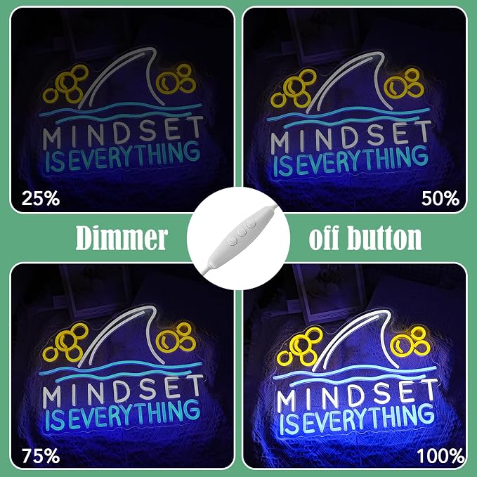 Mindset is Everything Neon Sign Led Fish Shark Neon Light Up Sign Dimmable Inspirational Neon Wall Decor sign for Classroom Office Bedroom School 16.5 * 12.6 IN