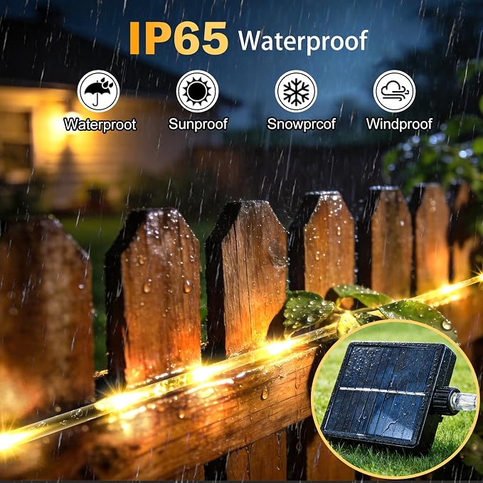 KNONEW Solar Rope Lights Outdoor 300LED 50FT Solar String Lights Outside Waterproof with Modes Clear Thin Tube for Pool Tree Patio Garden Fence Camping Yard Deck Trampoline（Warm White）