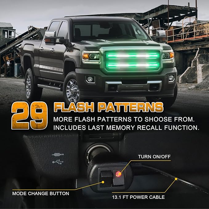 XRIDONSEN 2PCS 30 inch Green White Grill Emergency Lights Strip 360 LED Truck Tailgate/Rear window/Grill Strobe Lights Warning Hazard Safety Caution Lights for Tow Plow Trucks Firefighter Vehicles POV