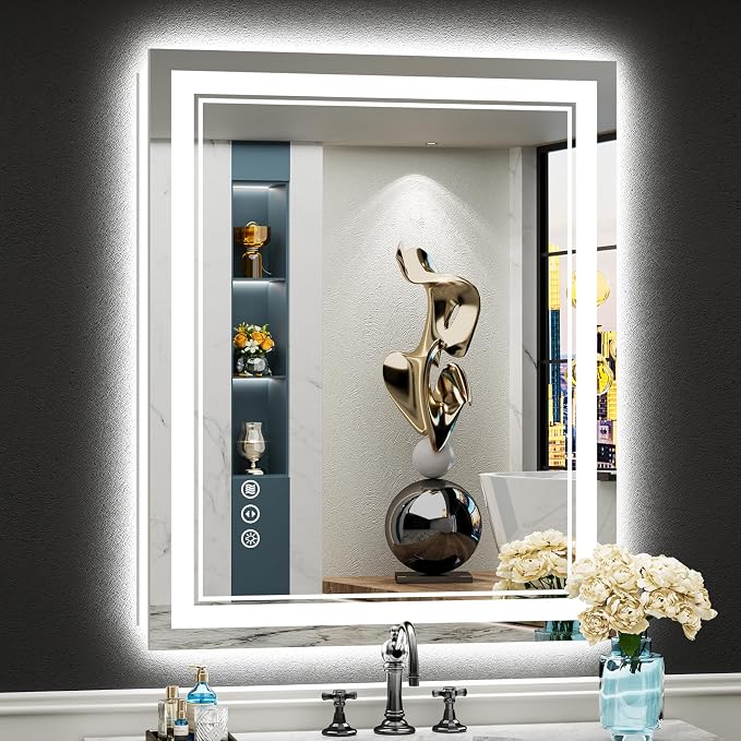 24x36 LED Bathroom Mirror, Backlit & Front Lit Lighted Mirror | Anti-Fog Vanity Mirror with Lights, 3 Color Dimmable, Memory, HD Tempered Glass, CRI95, IP54, UL Listed, Horizontal/Vertical