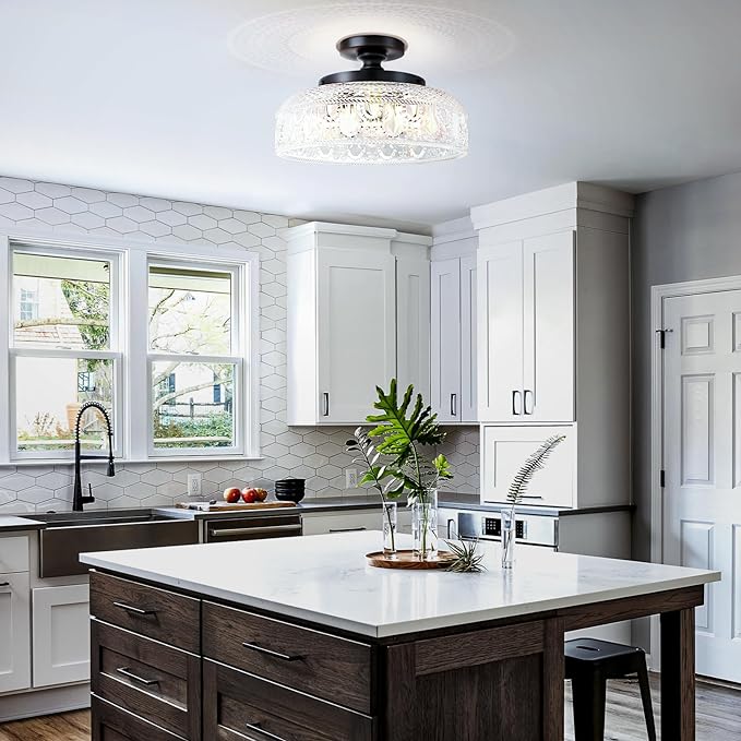 Lamomo Semi Flush Mount Ceiling Light, Upgraded Larger Black Hallway Light Fixture, 3-Bulb Globe Glass Close to Ceiling Light, Indoor Hanging Light for Bedroom Kitchen Porch Hallway,Bulbs Not Included