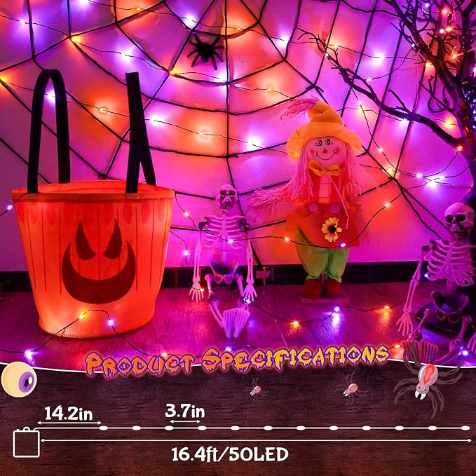Orange and Purple Fairy Lights Battry Operated with Timer, Halloween String Lights for Outside 16.4ft 50LED Indoor Outdoor Halloween Decorations Garland Party Patio Garden Yard 2 Packs