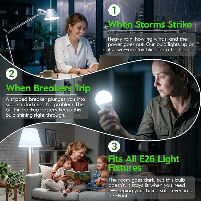 Rechargeable Light Bulbs, 9W Battery Operated Light Bulbs | Power Outage Lights, Emergency Lights for Home Power Failure, 6000K Daylight, 10 Pack