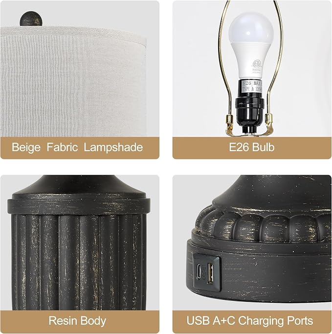 Black Farmhouse Lamps for Living Room Set of 2, 27.5" Bedroom Lamps Set of 2 with USB Ports, Dimmable Rustic Bedside Lamps Nightstand Lamps