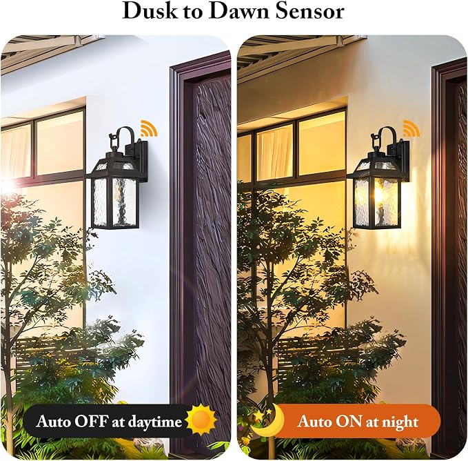 Dusk to Dawn Outdoor Wall Lights, Exterior Lighting Fixtures Wall Mount, Porch Lights Outdoor Wall Sconces with Water Ripple Glass, Outside Lights for House Front Door Garage, 2-Pack | Auto ON/OFF, Waterproof, Rust-Resistant, Durable Metal & Sturdy Gla...