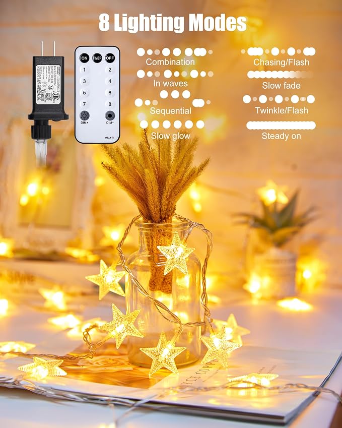 Minetom 66ft Plug in Star String Lights with Remote, Warm White | Remote and Timer, 8 Modes, Lovely for Classroom BedroomTent Loft Bed Backyard Patio Porch Balcony Party Decor