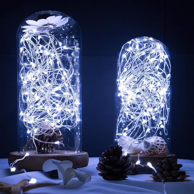 WSgift 2 Pack 20 Feet 60 Cold White Led Fairy Lights Battery Operated with Remote Control Timer Waterproof Silver Copper Wire Twinkle String Lights for Party Bedroom Wedding Christmas Decorations