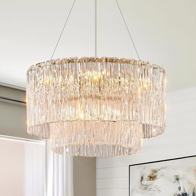 Modern Gold Chandeliers,20” Crystal Glass Pendant Ceiling Light Fixtures 7-Light Round Chandelier Luxury 2 Tiers Hanging Chandelier for Dining Room Foyer Living Room Bedroom