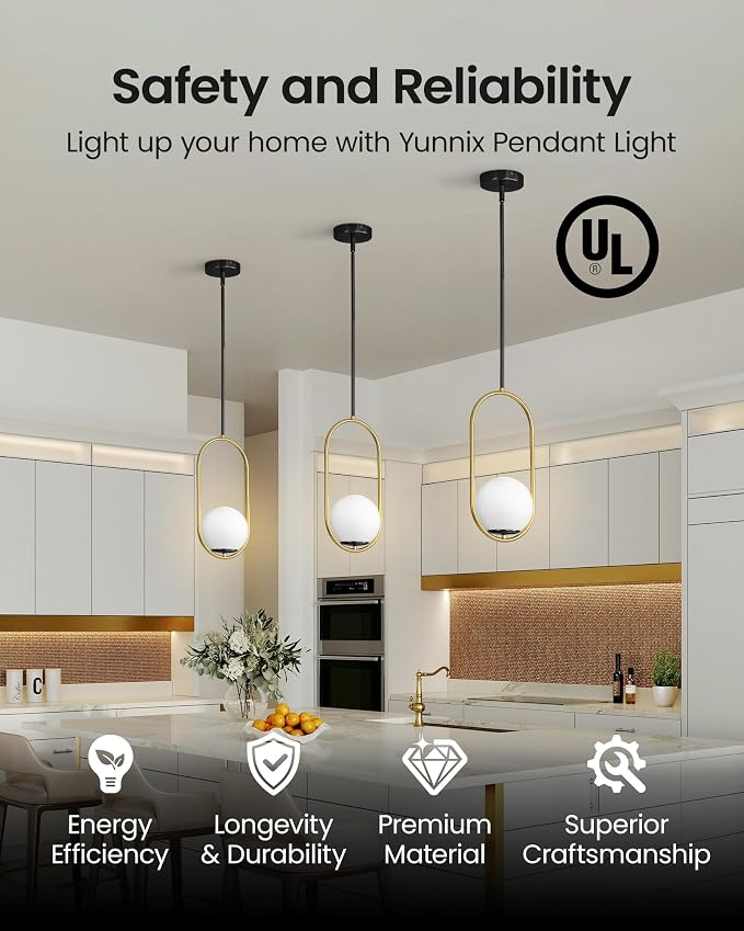 Yunnix 3 Pack Pendant Lights Kitchen Island, Pendant Light Fixtures, Modern Black and Gold Globe Glass Pendant Lighting, Mid Century Chandelier One Light for Bathroom Bedroom