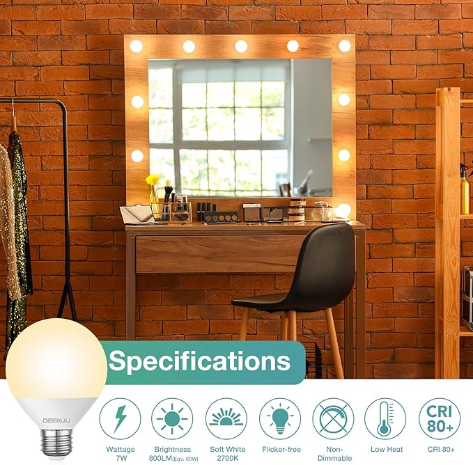 LED Vanity Light Bulbs, 60W Equivalent, Bathroom Light Bulbs 2700K Soft White, 800 Lumens, G25 Globe Bulb for Makeup Mirror, Round Shape, 7W, 120V, Non-Dimmable, 6 Pack