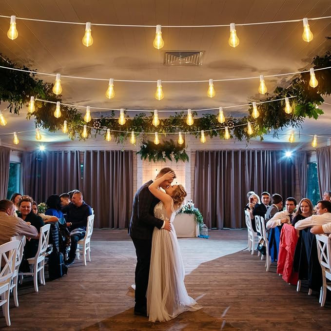 100FT Outdoor String Lights, Patio Light with 32 A39 Bulbs, White | Plug in, Dimmer not included, Waterproof, Shatterproof, Extendable, LED Hanging Lamp for Wedding Engagement Birthday Party