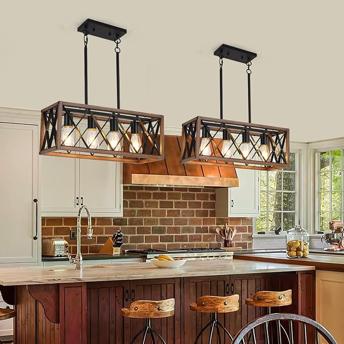 KEESFU 4-Light Dining Room Light Fixture, Farmhouse Kitchen Island Lighting,Adjustable Height Pendant Light, Rustic Linear Chandelier for Kitchen, Dining Room Table, Pool Table. (Wood Grain Color)