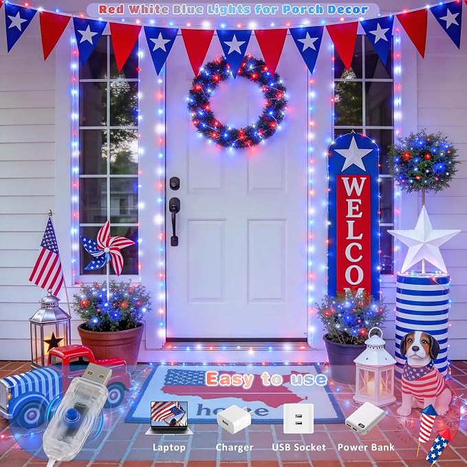 JMEXSUSS 100 LED Red White and Blue Fairy Lights for 4th of July Decor | 33ft USB Fairy Lights Plug in, 4th of July Lights for Indoor Outdoor Home Car Patriotic Memorial Independence Day Decorations