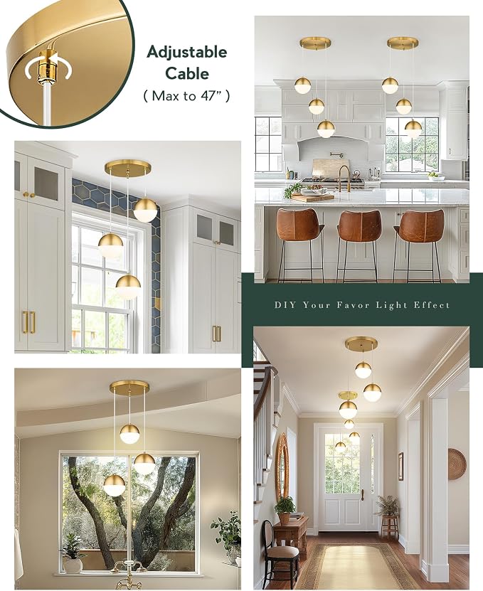 Brushed Gold 3-Light Cluster Pendant Lights, Modern Kitchen Island Lighting with White Globe Glass Shade, Adjustable Hanging Cord Ceiling Light for Bathroom Bedroom Dining Room, LMS-186BG3