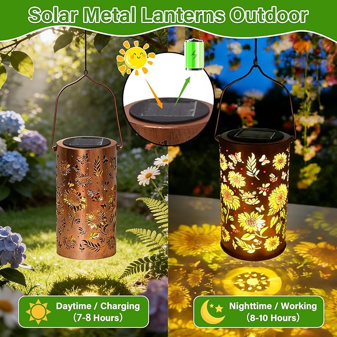 Colorful Solar Lanterns Outdoor Waterproof, Garden Decor Gifts for Women Mom Grandma - LED Colorful Sunflower Solar Powered Lights Metal Hanging Lantern for Outside Garden Patio Yard Lawn Porch Decor
