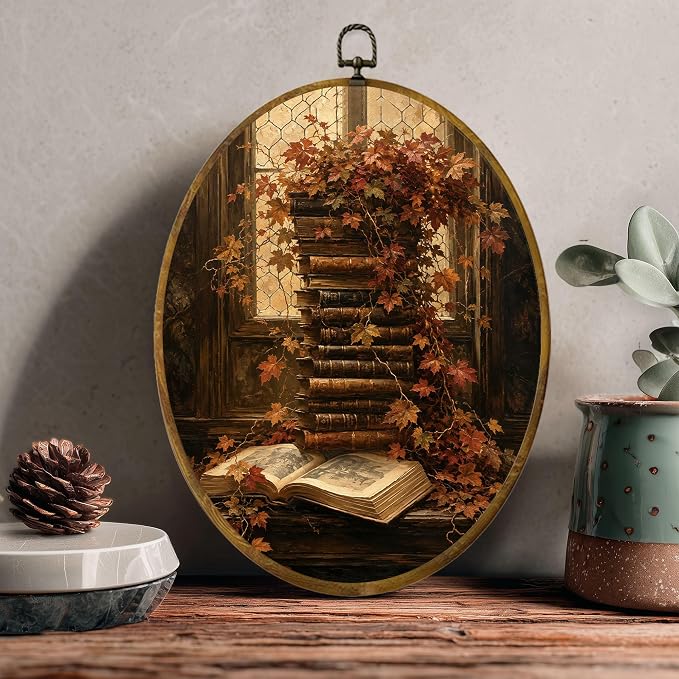 Fall Books Oval Wall Art, Framed Canvas Decor, 8.5x11.5 Inch | Stacked vintage books, maple leaves, open book and cozy cottagecore decor