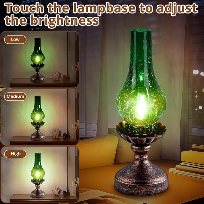 Vintage Table Lamp with Green Crackle Glass Shade,Touch Control & 3-Way Dimmable Rustic Retro Farmhouse Bedside Lamp for Bedroom, Living Room, Cabin, Office (2700K LED Candle Bulb Included)