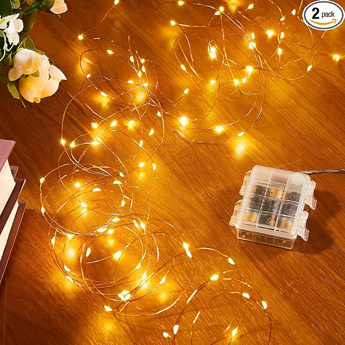 Ariceleo 2 Pack 16.4 Ft. Battery Operated Outdoor String Lights with Remote & Timer, LED Warm White Fairy Lights, Waterproof Twinkle Lights for Bedroom, Dorm, Mason Jar, Wedding, Party, Christmas