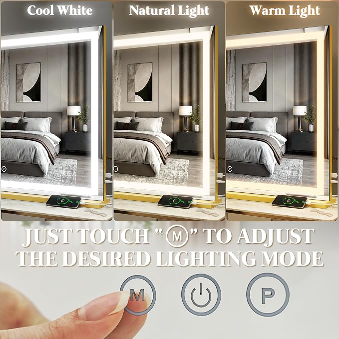 FENNIO Large Vanity Mirror with Lights，40" x 28"Makeup Mirror with Lights，Hollywood Mirror with 3 Color Modes & Adjustable Brightness，Vanity Mirror Square Gold