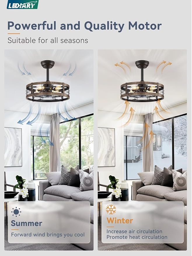 LEDIARY 18 inch Caged Fandelier Ceiling Fan Light with Remote, Black Gold | 6 Speed Adjustable,Timing, Quiet & Powerful DC, Small, Farmhouse, Industrial, Enclosed, Bladeless, Bedroom, Kitchen, Downrod
