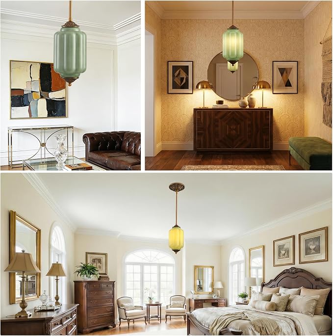 LOUSACE 5.5 in Vintage Milk Glass Ceiling Light Fixture, Antique Green Semi Flush Mount Milk Glass Pendant Light, Farmhouse Ceiling Light for Kitchen Hallway Dining Room, LED Bulb Included