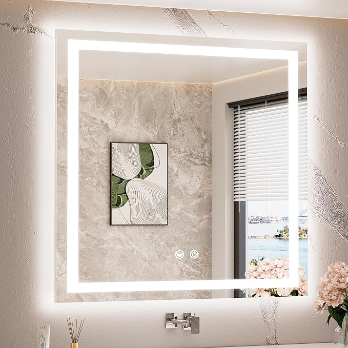 36 x 36 Inch LED Bathroom Mirror with Frontlit and Backlit, Brighter Light up Bathroom Vanity Mirror with Lights, 3-Color Dimmable Illuminated Anti Fog Mirror Wall Mounted, Waterproof