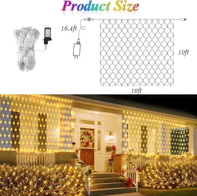 Lovelite 10ft x 10ft Net Lights, 280LED Gazebo Lights Outdoor 8 Modes Timer, Waterproof Connectable Christmas Light Clear Wire Large Size for Bushes Patio Pergolas Garden Holiday Party - Warm White