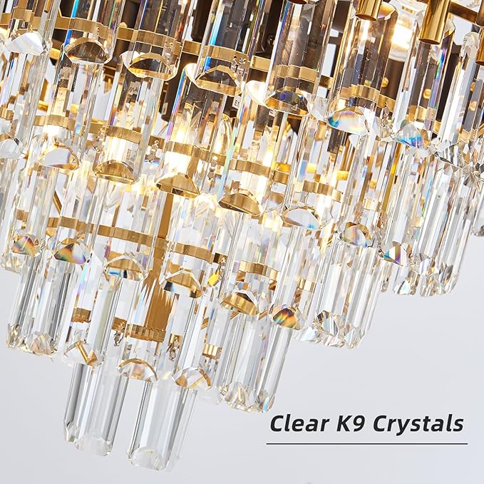 10-Light Large Crystal Chandelier 24" Dining Room Light Fixtures 5 Tiers Flush Mount Black and Gold Chandelier Round Large Chandeliers for Dining Room Living Room Kitchen Entryway Foyer