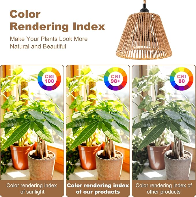 Hanging Grow Light, 30W LED Lamp with Timer for Indoor Plants | 4000K LED plant lamp with 15 ft cord, outlet timer, and boho paper rope shade for succulents, herbs, and low-light rooms.