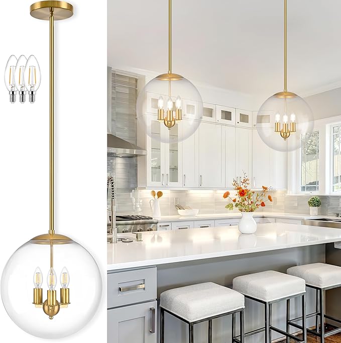 14" Globe Pendant Light Contemporary Globe Pendant Lights Kitchen Island 3 Light Gold Mid Century Pendant Light Clear Glass with Brass Finish Adjustable Hanging Light Fixture for Dining Room