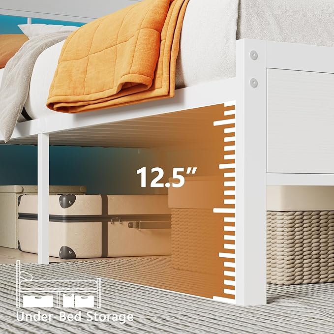Queen Bed Frame White,Storage Headboard,Charging Station & RGB LED | 2-Tier Wood Shelves, Metal Support Slats, Noise-Free, No Box Spring. 12.6" Under-Bed Clearance. USB & Type-C, Easy Assembly.