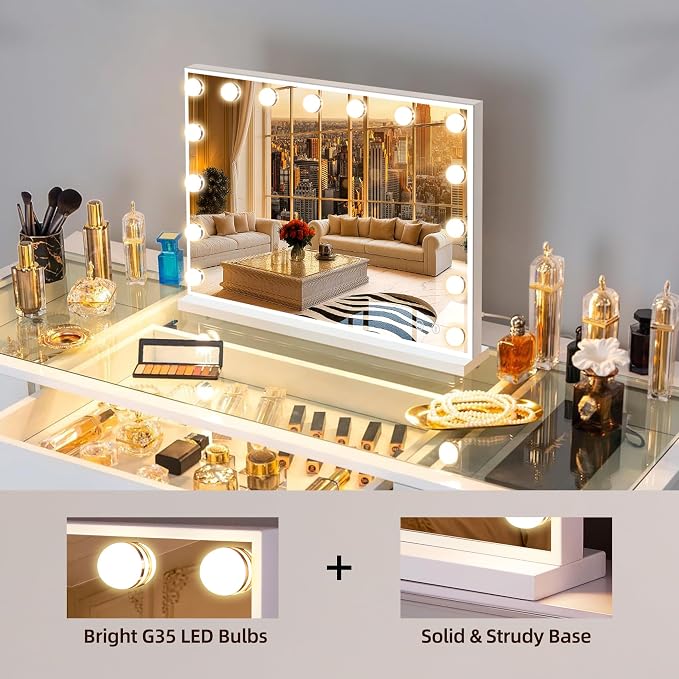 FENCHILIN Vanity Mirror with Lights and Bluetooth Speaker 22.8"x 18.1" Makeup Mirror Lighted Hollywood Mirror with 15 Dimmable LED Bulbs USB Charge Port, 3 Color Lighting Modes Tabletop