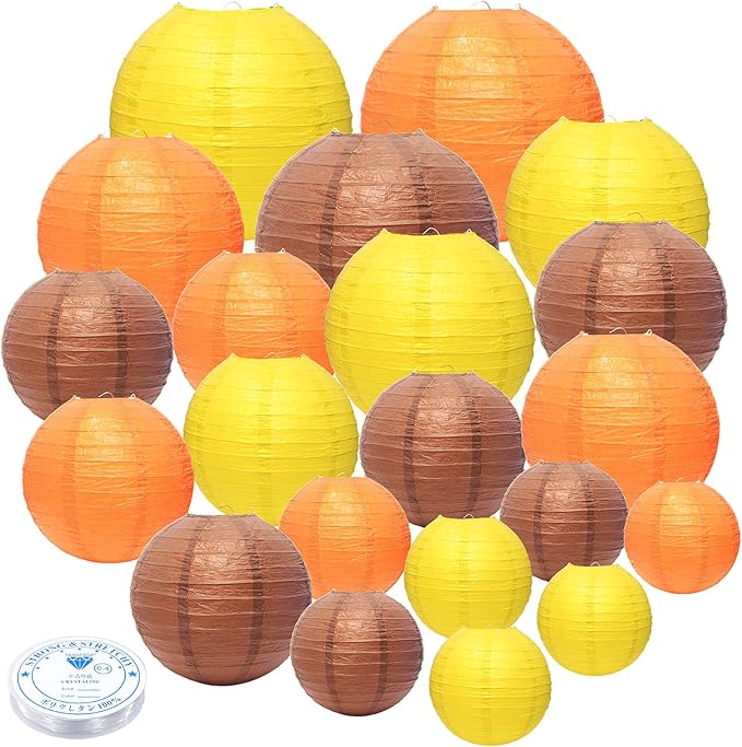 21 Pcs Fall Paper Lanterns Party Decorations, 4/6/8/10 Inch Yellow Orange and Brown Thanksgiving Decorations Autumn Hanging Paper Lanterns for Harvest Theme Party, Wedding, Birthday, Baby Shower
