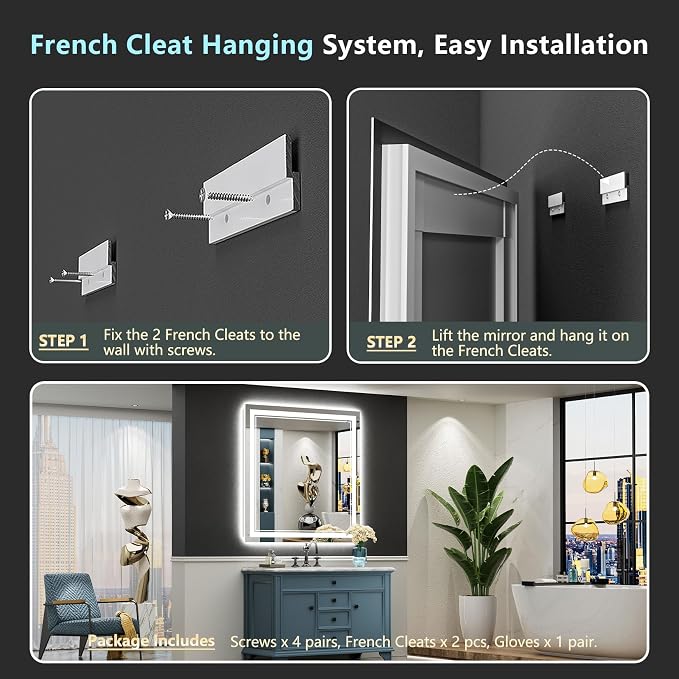36x36 LED Bathroom Mirror, Backlit & Front Lit Lighted Mirror | Anti-Fog Vanity Mirror with Lights, 3 Color Dimmable, Memory, HD Tempered Glass, CRI95, IP54, UL Listed, Horizontal/Vertical