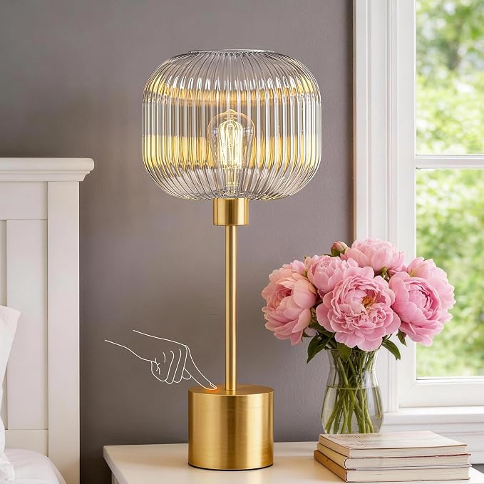 Glass Table Lamp for Living Room, Modern Gold Clear Bedroom Bedside Lamp | LED Bulb Included, Large Ribbed Glass Shade, 3-Way Dimmable, Touch Control, Brushed Gold, Nightstand Lamp, 2700K Warm Light