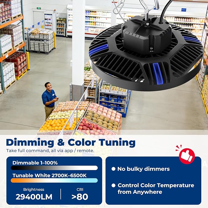 CINOTON Smart 210W 29400LM UFO LED High Bay Shop Light, ETL Listed 1 Pack | Remote/APP/Alexa Control, 120-270V US Plug 2700K-6500K 1-100% Brightness Stepless Dimm Aluminum Fixture for Garage Auto Shop