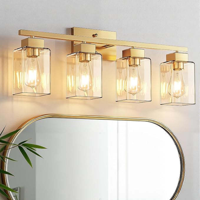 4-Light Bathroom Light Fixtures, Brushed Gold Modern Vanity Lights, Bathroom Lighting Fixtures Over Mirror, Square Design Farmhouse Wall Sconces with Clear Glass Shades