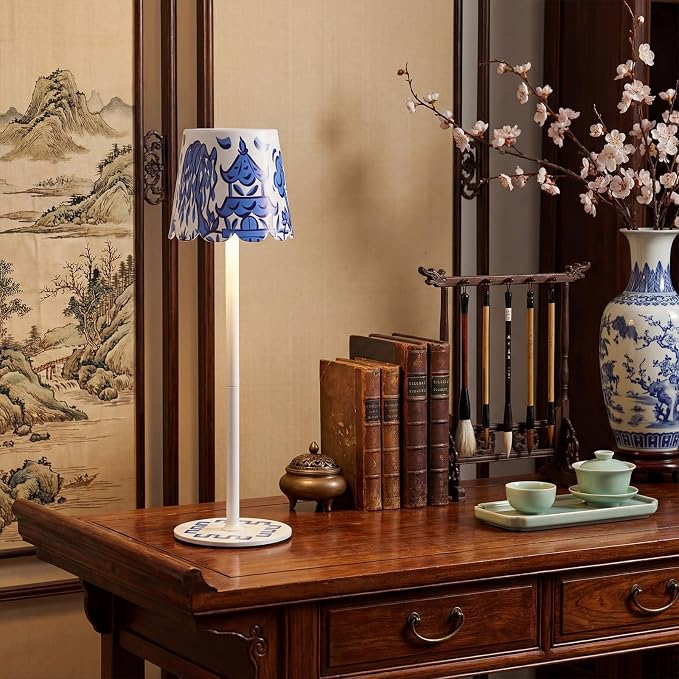 Pickmesh 1 Pack Chinoiserie Mahjong Lamp Scalloped Edge Chinoiserie LED Cordless Table Lamp 3 Color Modern Rechargeable Lamps for Mah Jong Table Living Room Nightstand Desk