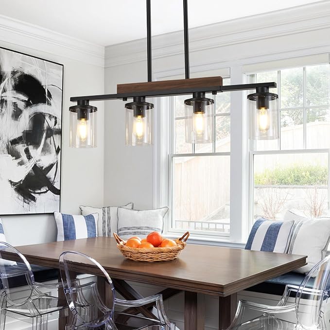 29.3" Farmhouse Dining Room Fixture Over Table, Black Chandelier | 4-Light, Modern Rustic Wood Frame, Adjustable Height, Clear Glass Shade, Ceiling Pendant Lighting for Kitchen Island