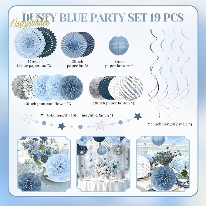 19Pcs Dusty Blue Party Decorations, Hanging Paper Lanterns Fans Tissue Flower Pom Poms Swirls for Wedding, Birthday, Something Blue Bridal Shower Bachelorette Party Baby Shower Decorations
