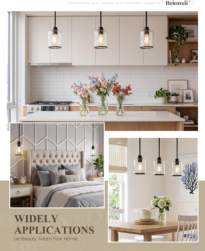 Beionxii 2 Pack Pendant Light Fixtures, Glass Pendant Lights Kitchen Island | Farmhouse Pendant Lighting,Modern Hanging Pendant Light w/Rod for Kitchen Island Dining Room Bedroom Entryway,BX-PL02MB-2CG+R