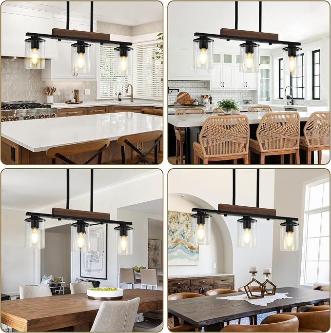 23.6" Dining Room Fixture Over Table,Farmhouse Chandelier | 3-Light, Black Modern Rustic Wood Pendant, Adjustable Height, Clear Glass Shade, Linear Hanging Lighting for Kitchen Island
