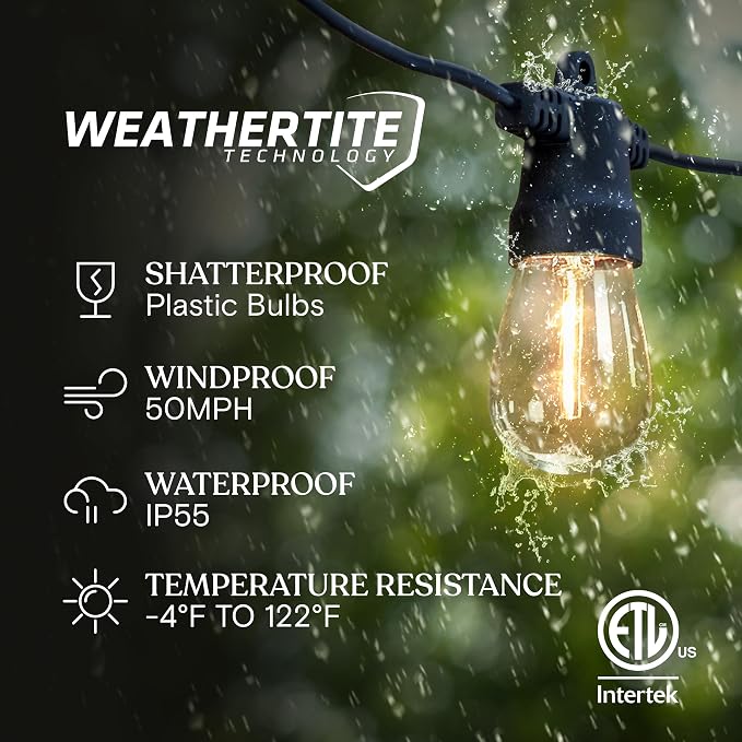 Brightech Ambience Hybrid Outdoor String Lights - Dual Plug and Solar Powered Waterproof LED Light String for Outside - 27 Ft, Soft White Edison Bulbs, for Camping, Patio, Cafe, Yard, Porch