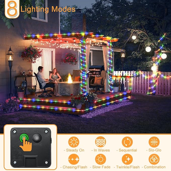 2 Pack Solar Rope Lights Outdoor Waterproof, Total Solar 66FT 270 LED String Lights for Outside, 8 Modes Twinkle Fairy Light for Trampoline Yard Pool Pathway Fence Decorations, Multicolor