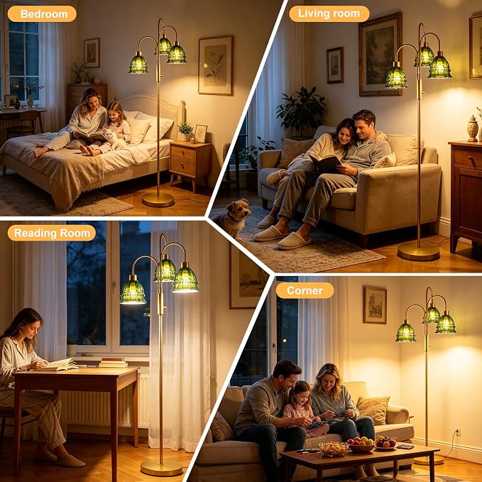 3-Light Glass Floor Lamp with Green Ribbed Glass Shades, 70" Gold Dimmable Tall Standing Lamp with 3PCS 3000K Warm White Bulbs, Modern Tree Pole Lamp for Living Room Bedroom Home Office Corner Decor