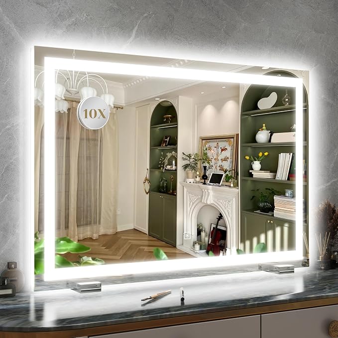 ROLOVE 32x22 Lighted Vanity Mirror, Wall-Mounted, Detachable 10X Magnifier | LED Makeup Mirror, 3 Color Modes, Stepless Dimming, Touch Control, Plug-In Design, Tabletop Use, Even Lighting