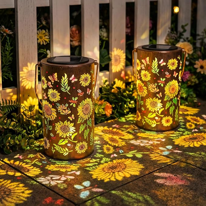2Pack Colorful Solar Lanterns Outdoor Waterproof, Garden Decor Gifts for Women Mom Grandma - LED Colorful Sunflower Solar Powered Lights Metal Hanging Lantern for Outside Garden Patio Yard Lawn Porch