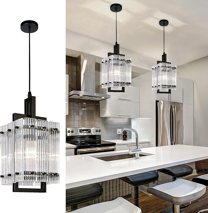 IKK Black Pendant Light for Kitchen Island, Luxury Ribbed Glass Chandelier Lights Fixture, Modern Elegant Adjustable Pendant Lighting for Dining Room Bedroom, E26 Bulb, L6.5'' x H14''