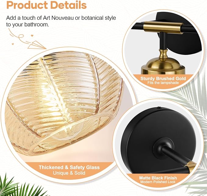 MOKATNG Bathroom Light Fixtures, 2-Light Amber Vanity Lights with Unique Leaf Texture Glass Shade, Modern Matte Black and Gold Bathroom Wall Lamp for Mirror Hallway Cabinet Living Room